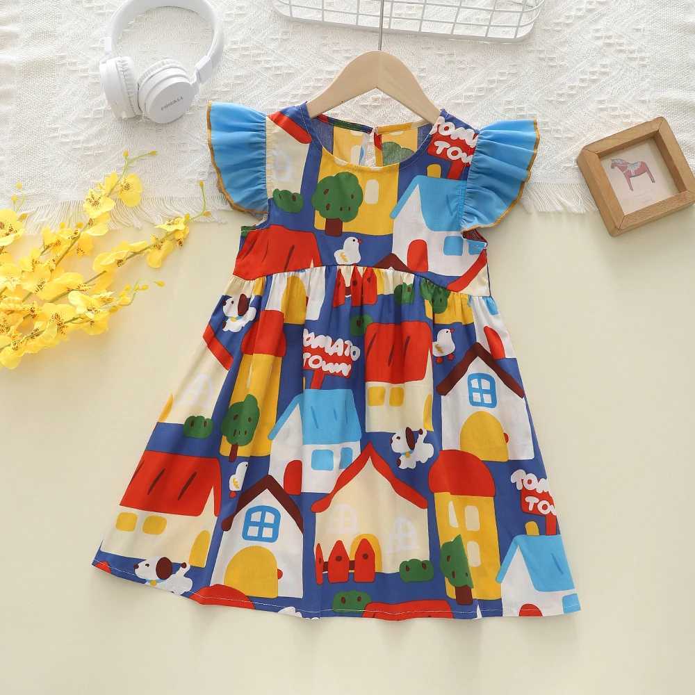Humor Bear Kids Clothes Girls A-Line Hollow Out Flying Sleeve Graffiti Printing CasualDress Suit ChildrenT260330