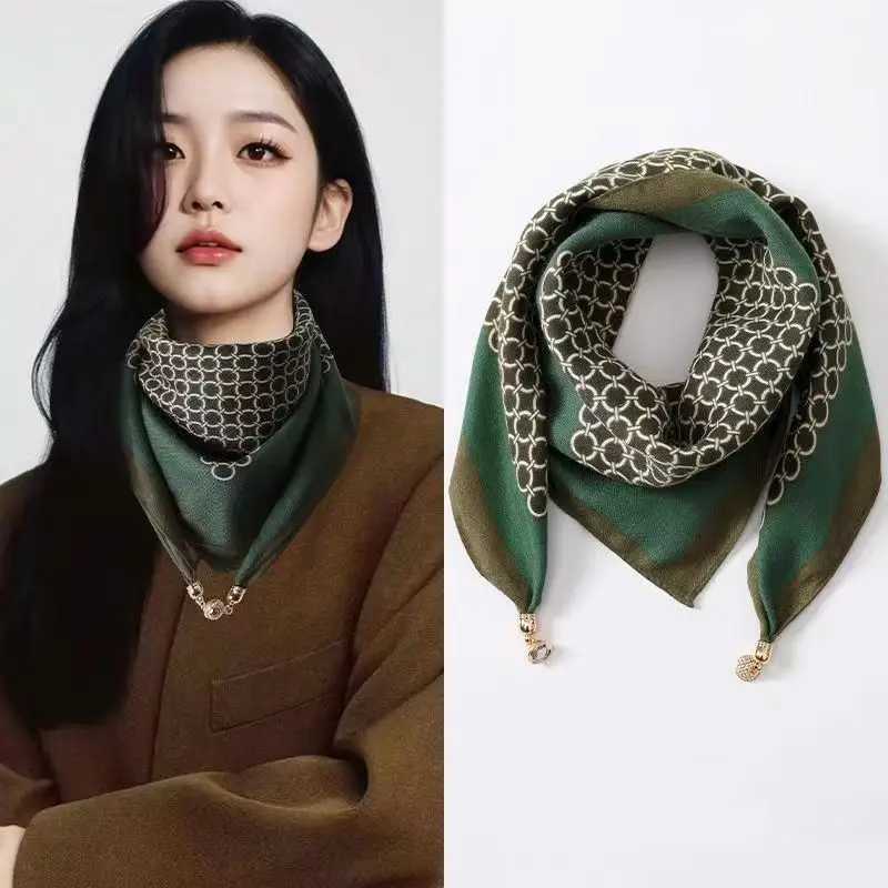 Luxury High-End Silk Scarf With Magnetic Buckle Satin Finish Breathable Sunscreen Neck Protector Lightweight Women Square Scarf Z260330