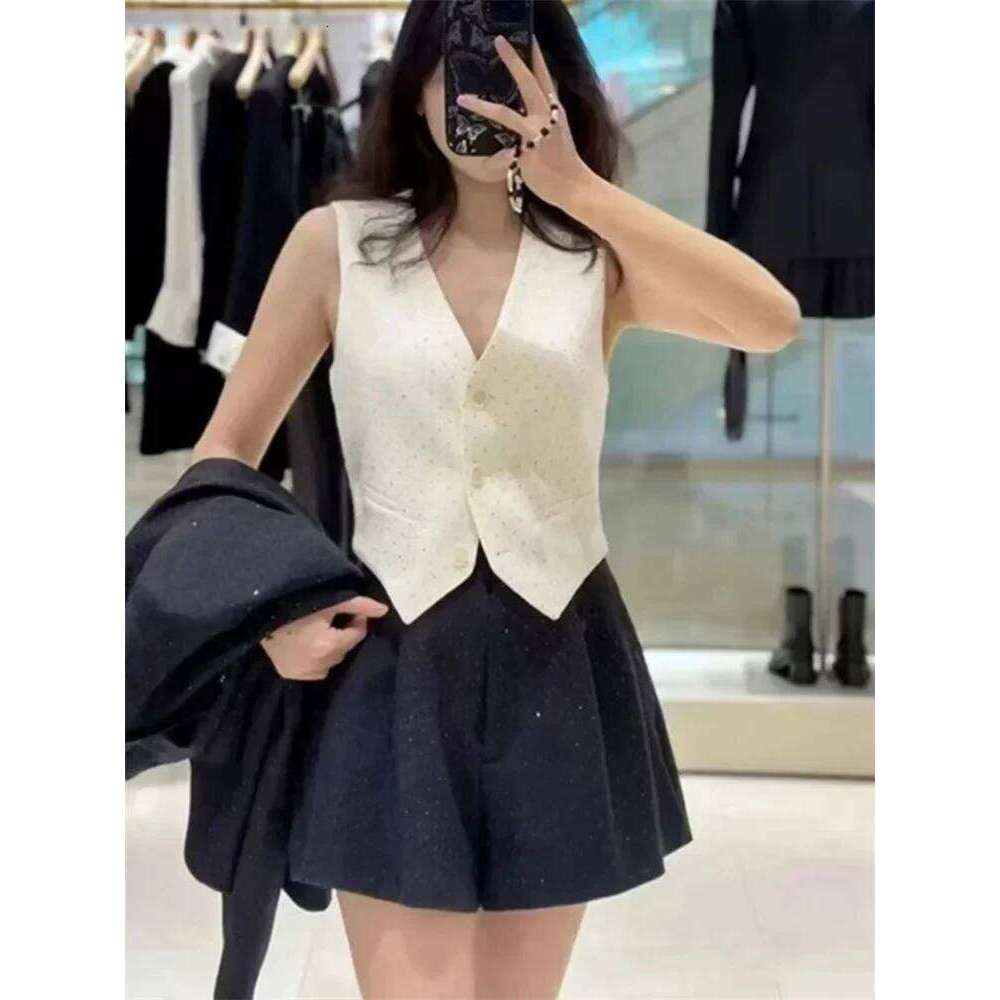 Women's Tweed 3-Piece Set With Pearl Details: Short Sleeve Shirt, V-Neck Vest & Loose Pants Mdng260330