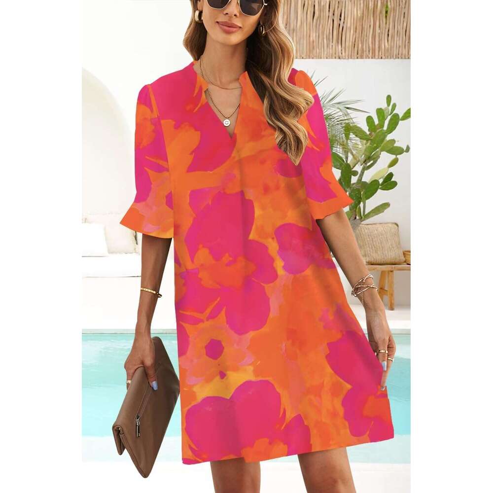 Summer Dresses For Women V Neck Ruffle Short Sleeve Casual Shift Dress Qipao Hanfu Silk