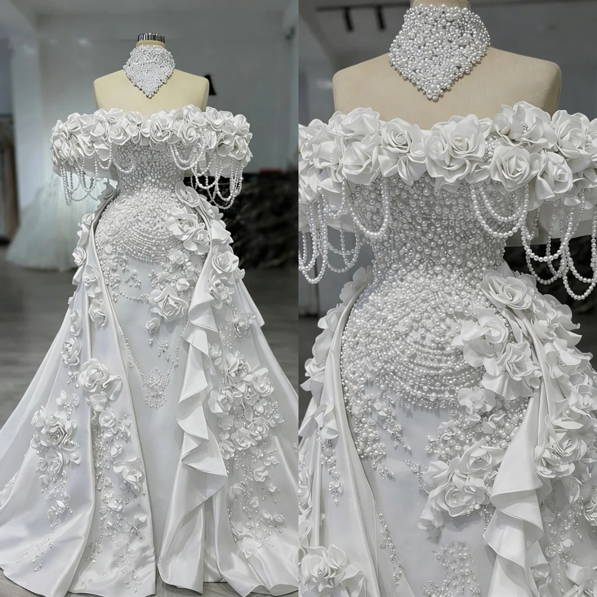 Gorgeous Mermaid Evening Dresses Pearls Handmade 3D Flowers Prom Dress Detachable Train Off Shoulder Customized Party Gown Vestidos De Noche Plus Size