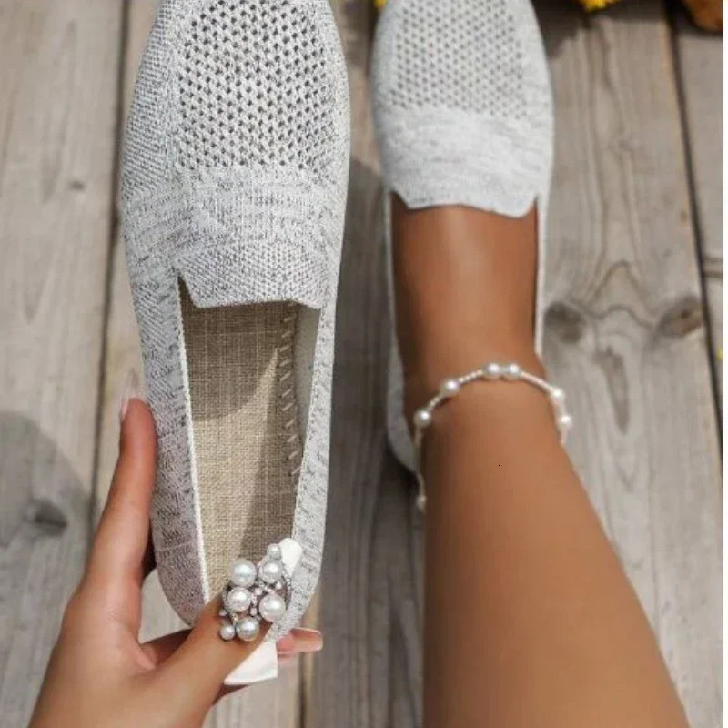 Solid Color Square Toe Mesh Loafers Shallow Women Flats Shoes Soft Bottom Knit Ballet Flats Shoes Casual Slip on Boat Shoes 2024 260323