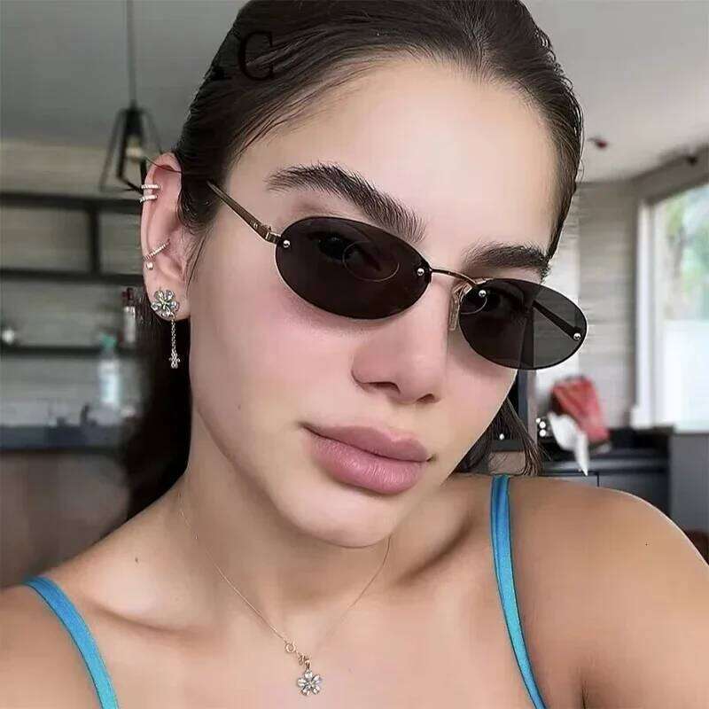 Trend Rimless Green Oval Sunglasses Women Brand Design Rivet Small Thin Frame Frameless Luxury Metal Shades Sun Glasses FemaleUV 26Y0330