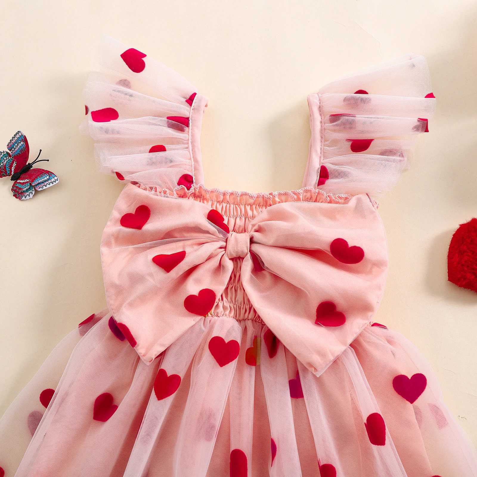 MISOWMNJOY Chiffon Summer Baby Girls Tulle Dress Princess Heart Bows Flutter Sleeve A-Line Kids Clothes Valentines Day DressesT260330