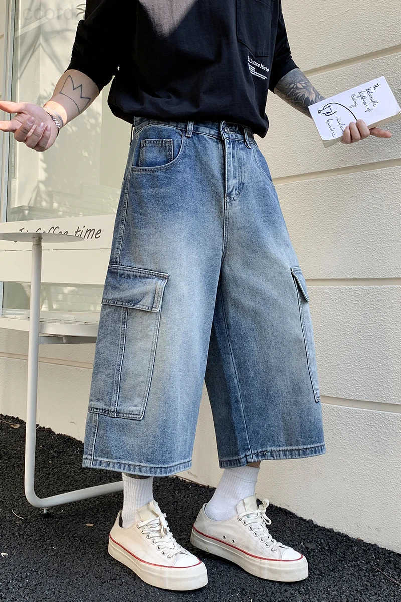 New Mens Cargo Shorts Summer Breathable Cotton Blend Casual Denim 7-Point trousers Minimalist Streetwear Urban Fashion Trousers H260330