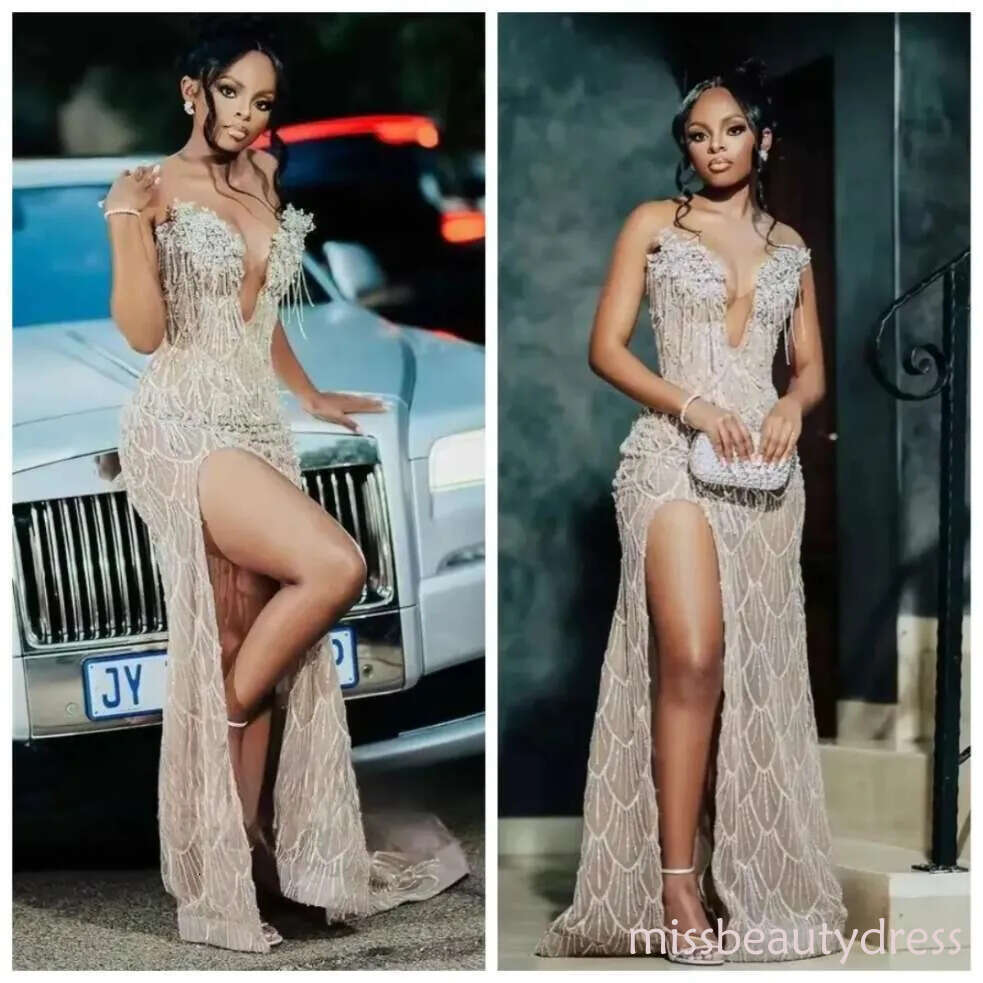 Sparkly V Neck Long Evening Dress For Black Girls Sequined Birthday Dresses Beaded Crystal High Slit Prom Pageant Gowns Customized robe de soiree mari