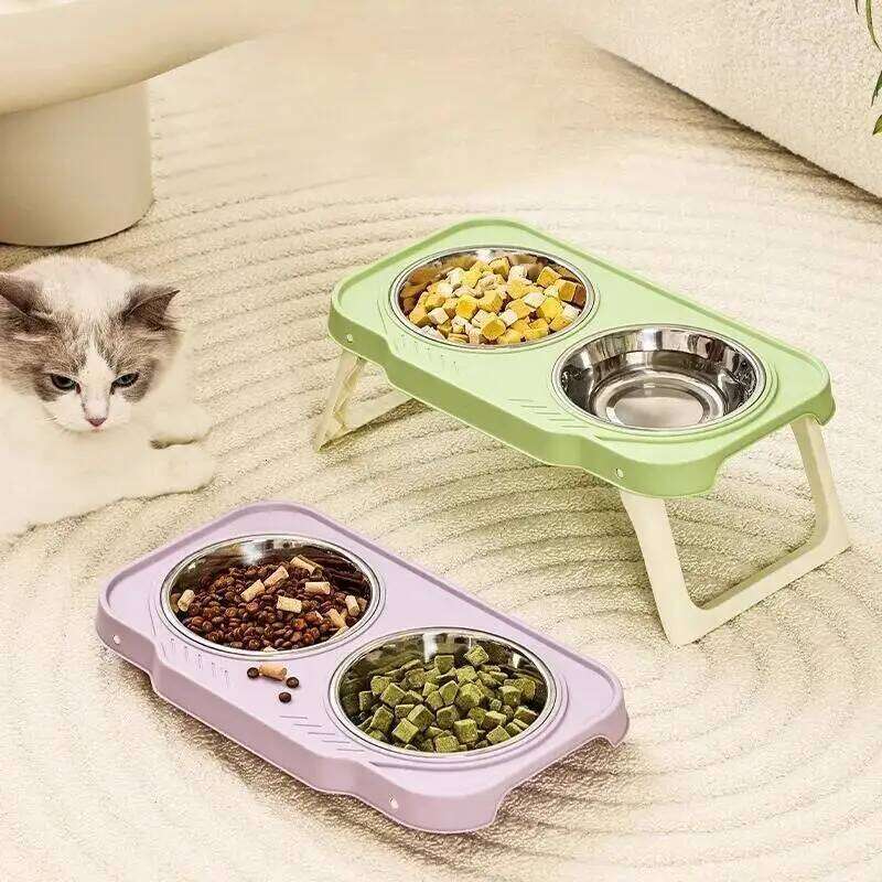 Foldable Cat Double Pet Stainless Steel Puppy Dog Feeder Water Food Bowl With Stand Feeding Dish Drinker Pets Supplies
