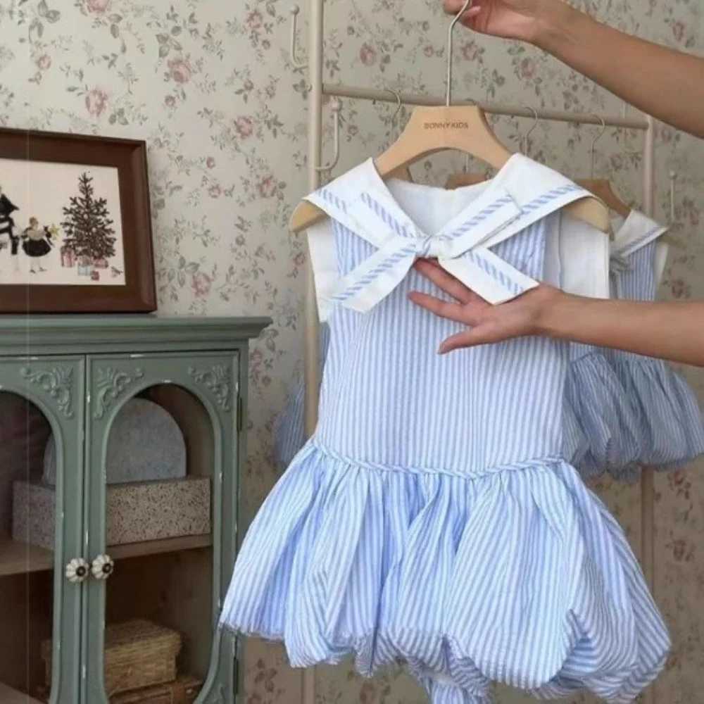 Bear Leader Summer Blue Striped Printed Princess Dress Sleeveless Collar Splicing Girls Dresses Korean Version Kids Casual WearT260330