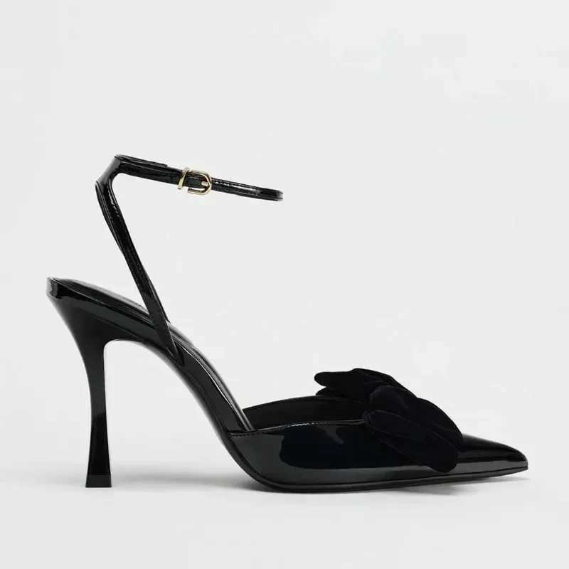 Elegant Black Bow Design Heels Women Sexy Pointed Toe Ankle Strap Buckle Thin Heel Sandal High Quality Patent Leather Dress Shoe Z260330