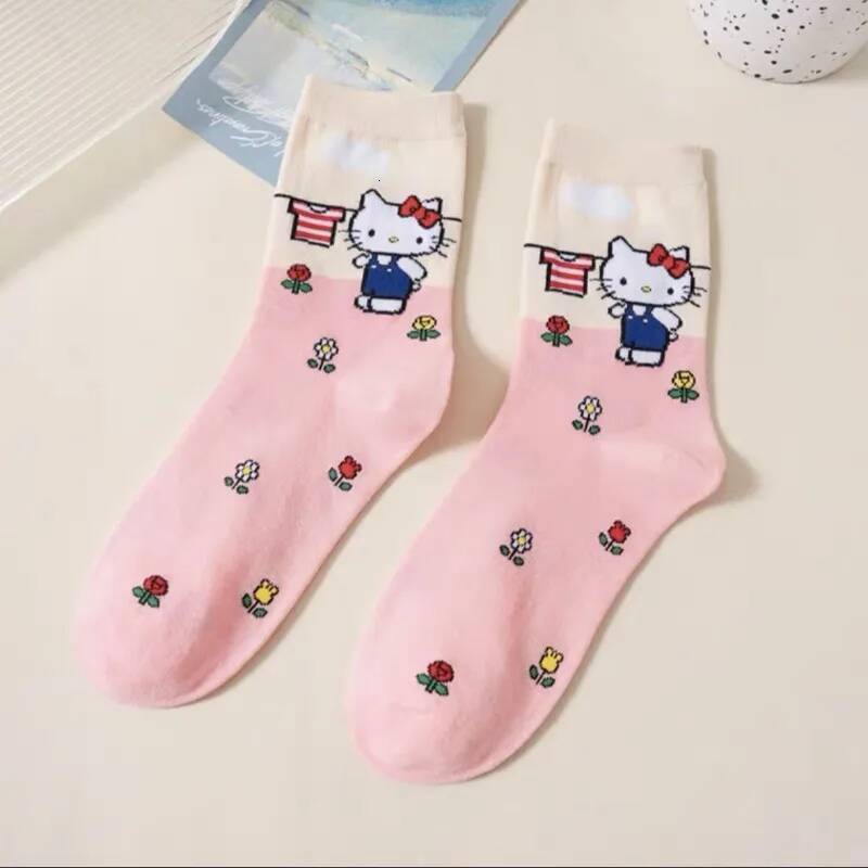 Designer Cartoon Sanrio Hello Kitty Women's Socks My Melody Cute Girl Mid-Tube Cotton Socks Kawaii Student Sock Girl Kids Christmas Gift