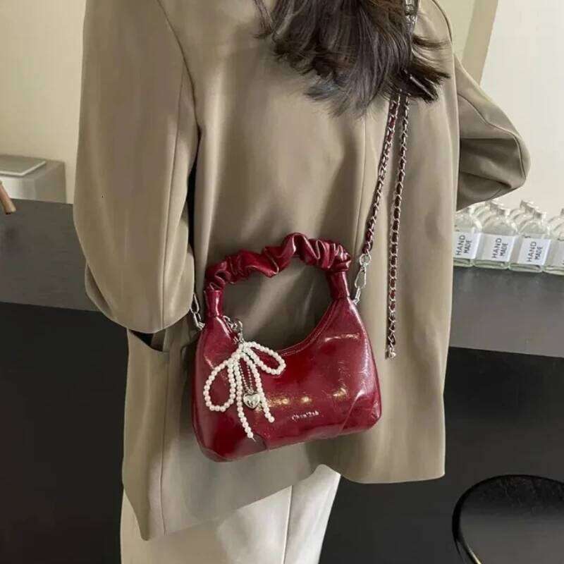 Hot Y K New Underarm Bags For Women Pleated Handle Design Ladies Pearl Bow Handbag Adjustable Strap Shoulder Crossbody Bag XIU LAI SI