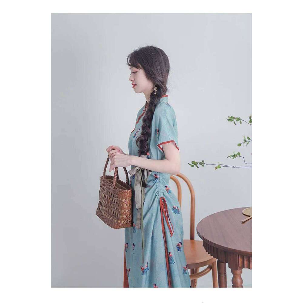 New Blue Cheongsam Set Women Improved Qipao Chinese Style Short Sleeve Vintage 2 Pieces Floral Long Dresses With Trousers MAKOUFEI