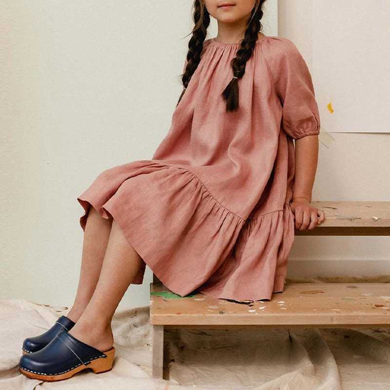 Summer Girls Soft Linen Ruffle Dress 2026 New Childrens Puff Sleeve Casual Loose Cotton And Linen Gather Dresses TZ255T260330