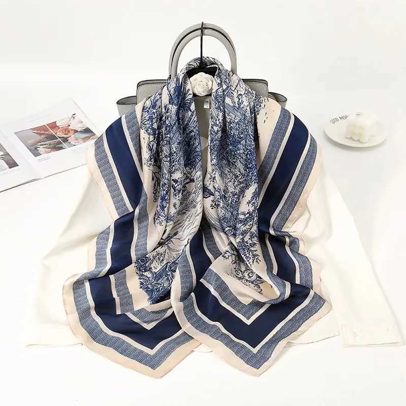 Print Square Scarf Flower Leaf Tree Elegant Satin Shawl Wen Outdoor Beach Travel Wrap Windproof Turban Hijab 110110cm X260328