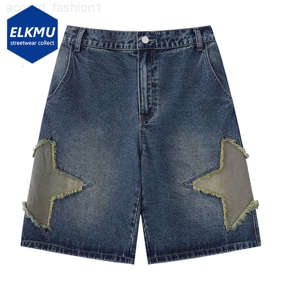 Retro Star Splicing Denim Shorts Men Summer Harajuku Streetwear Jeans Shorts Fashion Casual Loose Blue Denim Shorts Unisex H260330