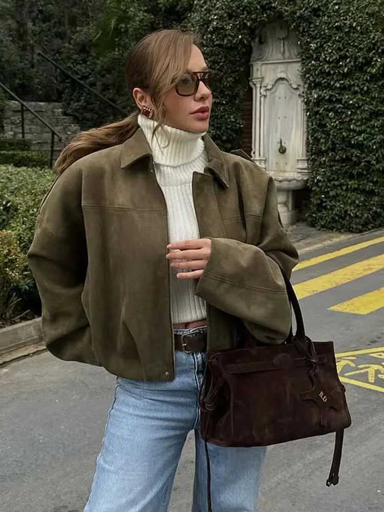 HH Women Brown Green Suede Jacket Loose Casual Bomber Coat Lapel Zipper Long Sleeve Jackets Vintage Lady Motorcycle OutwearsT260328