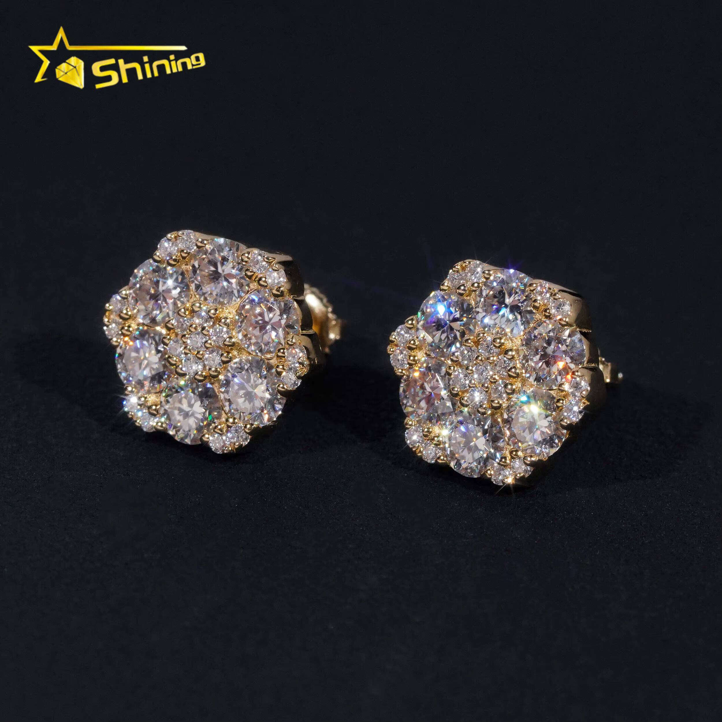 Fine Jewelry Flower Design Screw Back Ear Studs Iced Out 925 Sterling Silver Gold Plated Moissanite Stud Earrings Ready to Ship