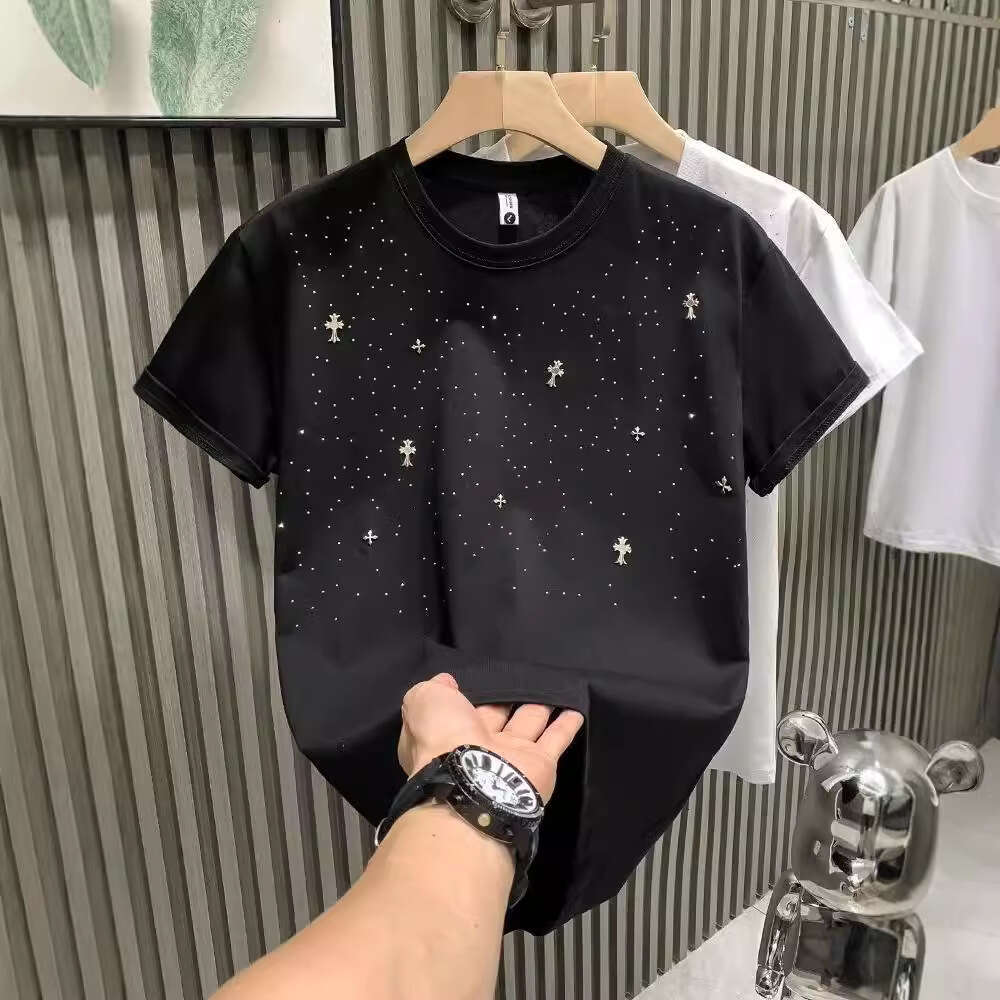 European-style trendy niche cross rhinestone fashion luxury brand men's short-sleeve T-shirt for young people