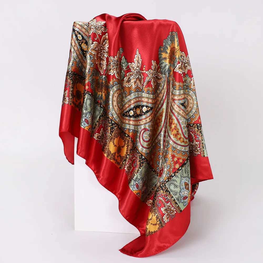 band Scarf Wen Fashion 9090cm Silk Satin Hijab Bandana Neckerhf Sun Protection Shawl Wrap scarf Paisley X260328