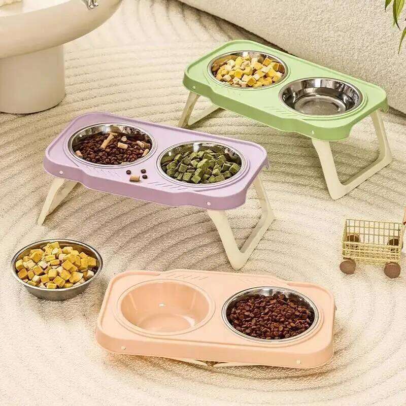 Foldable Cat Double Pet Stainless Steel Puppy Dog Feeder Water Food Bowl With Stand Feeding Dish Drinker Pets Supplies