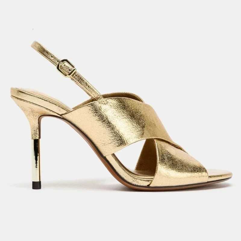 Luxury Gold Cross Strap High Heel Sandals Women Open Toe Slingback Elegant Wedding Party Dress Shoes Ladies Banquet Heels Z260330