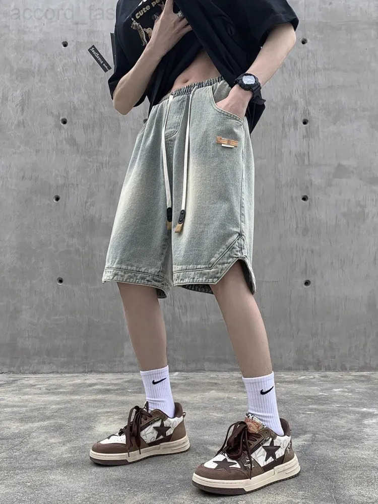 Fashion Streetwear Mens Denim Shorts Summer Loose Vintage Harajuku Splicing Hip-hop Cargo Drawstring Short Jeans Black A209 H260330
