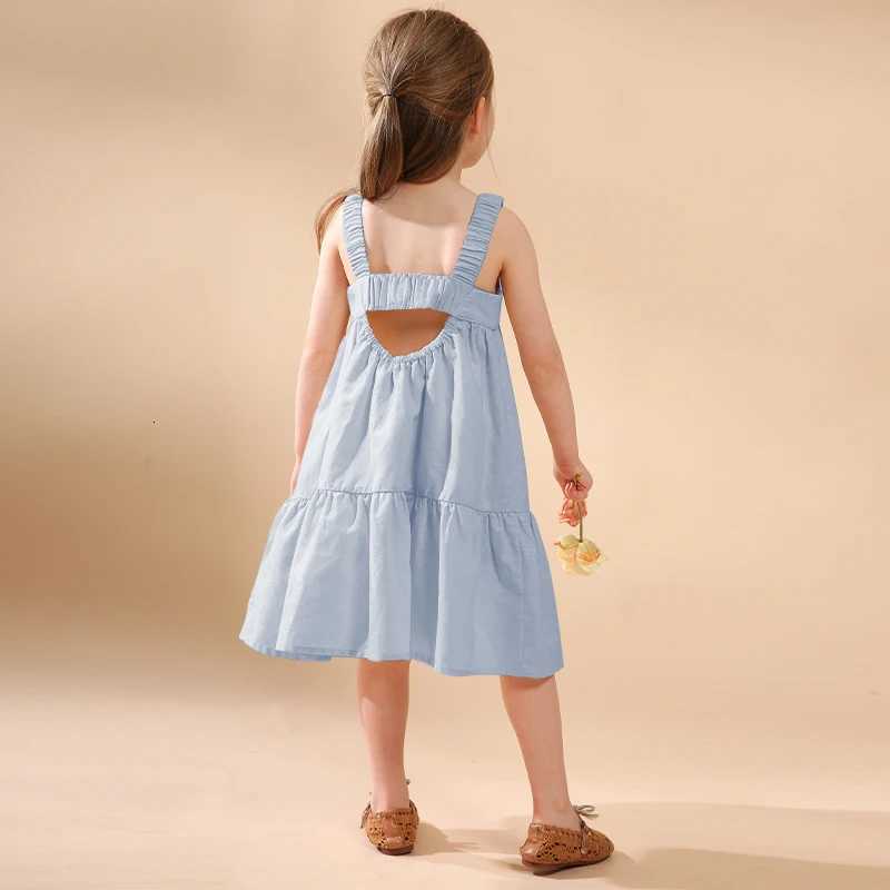 Girls Cotton And Linen Sleeveless Straps Dress Summer New Ruffled Hem Casual Vacation Backless Linen DressesT260330