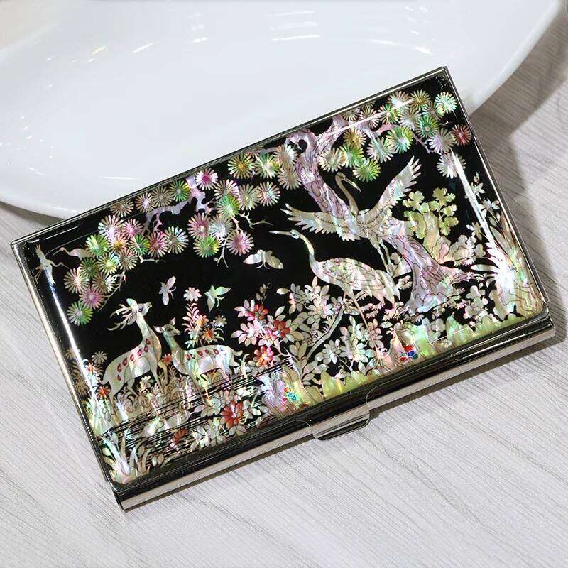 Chinese Embroidery Handmade Mother Of Pearl Lacquer Business Card Holder Crane Design Keychain Gift Clutch Bags