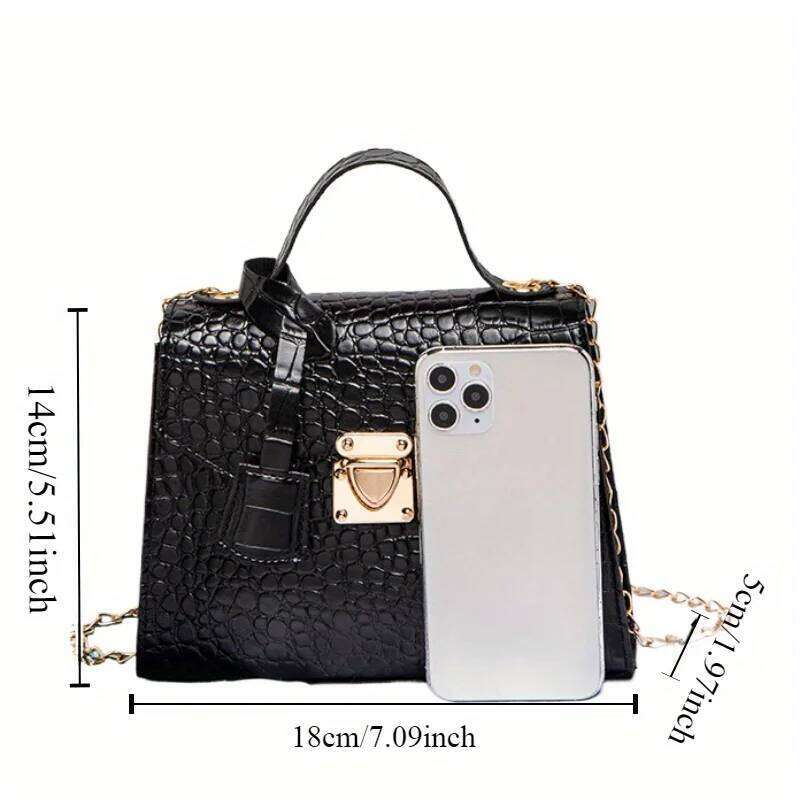 Chic Crocodile Embossed Mini Handbag For Women Trendy Solid Color Fixed Strap Twist Lock Closure Polyester Lined QIBALIANGPIN
