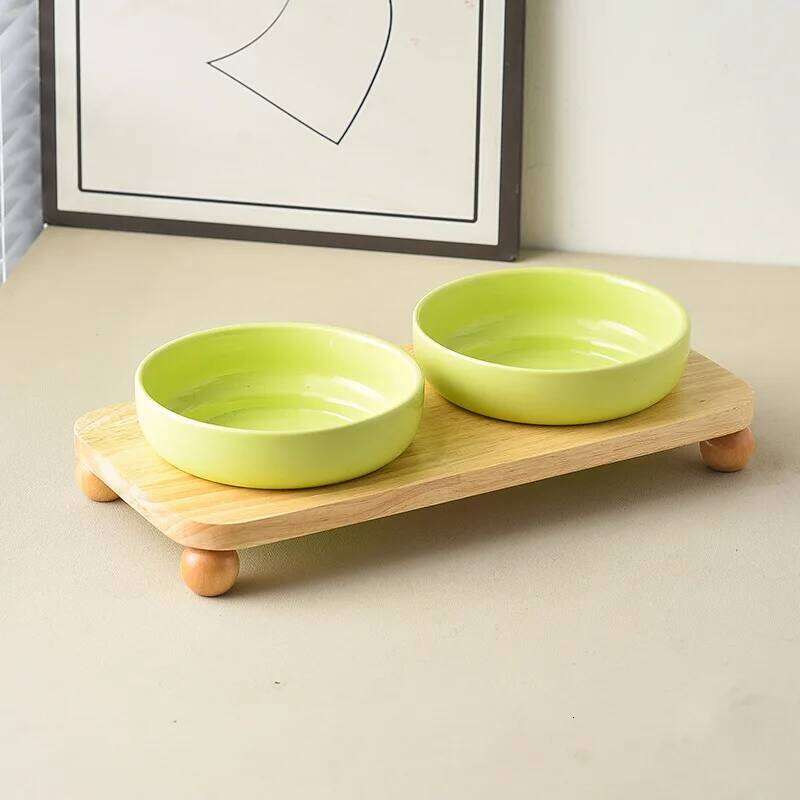 2in1 Ceramic Elevated Cat Dog Bowl with Stand Dual Food Water Feeder Dish For Neck Health Pet Non-Slip Eaasy Clean Double Bowls 26W0330