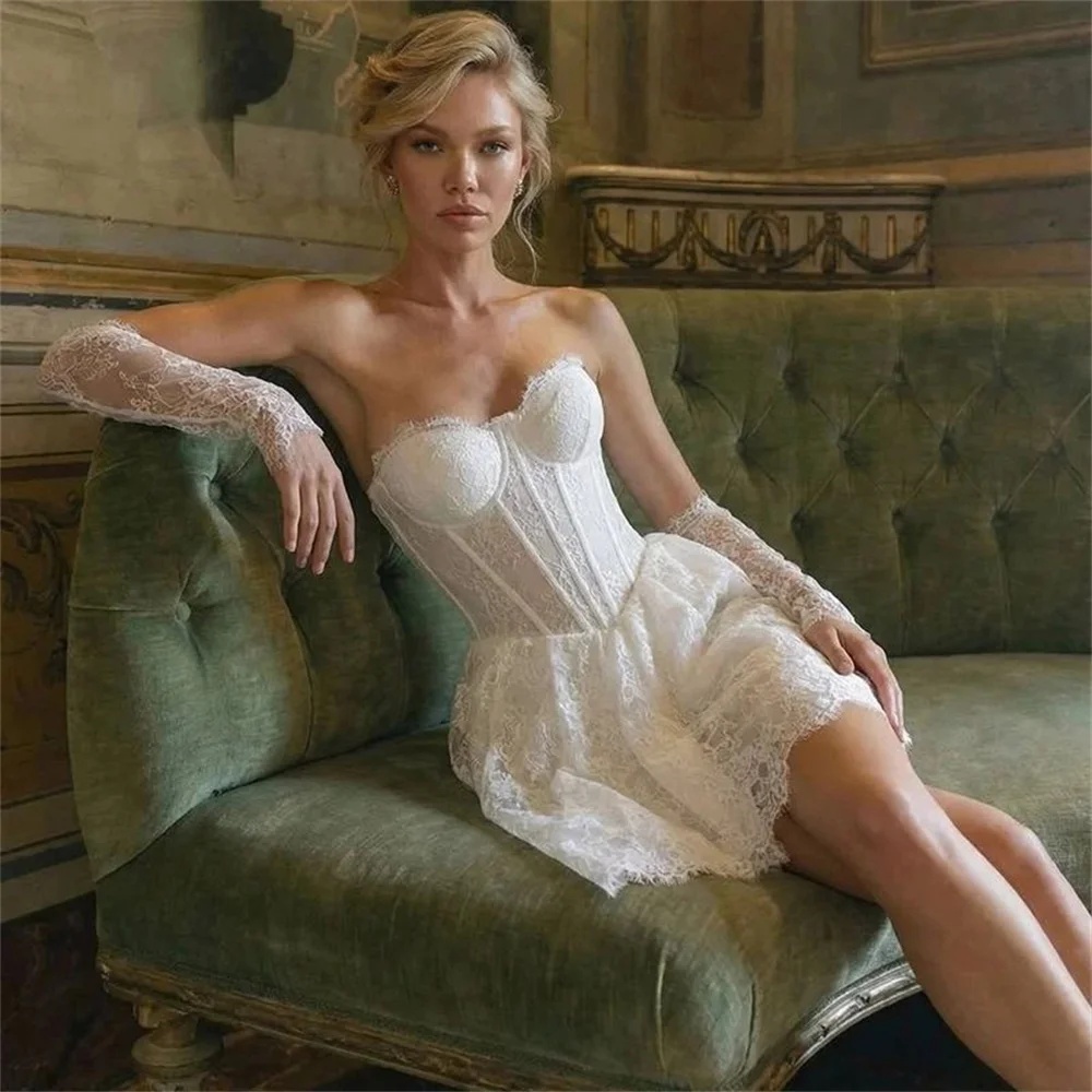 Classic Mini Evening Dresses For Women Strapless Sleeveless Gown Lace Short Dress Party Customized Dress