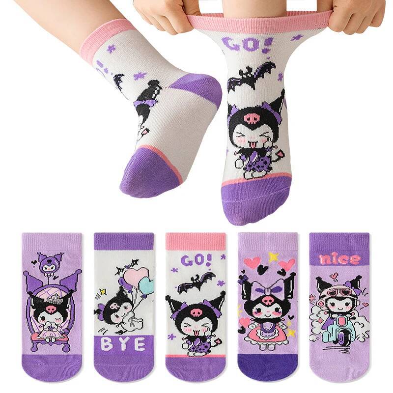 Designer 5 Pairs Sanrio Kuromi Kids Socks Hello Kitty Kawaii New Fall Winter Cartoon Girls Mid-Calf Socks Cotton Sock For Children Gifts