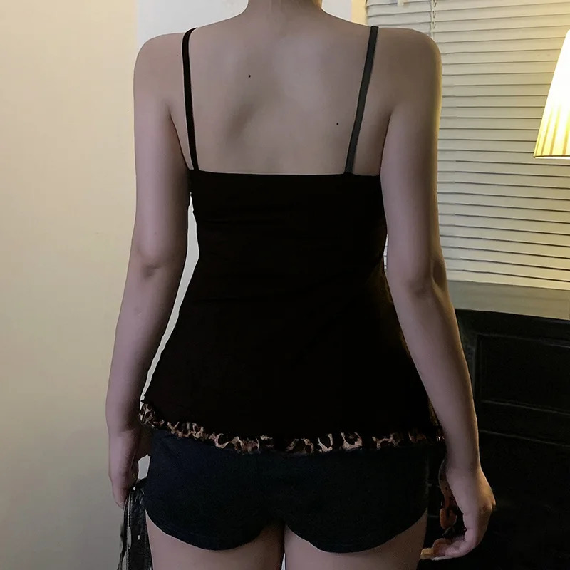 American sweet Y2k Leopard Camisole Women Retro Streetwear E-girl 90s Dark Gothic Sexy Patchwork Lace-up Crop Tank Top Femme 260327