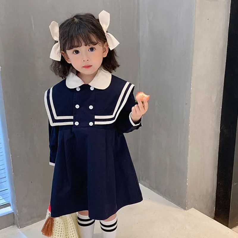 Spring Summer Girls Dress British Style Navy Collar Little Cute Long-Sleeved Student School Dress Baby Kids ChildrenS ClothingT260330