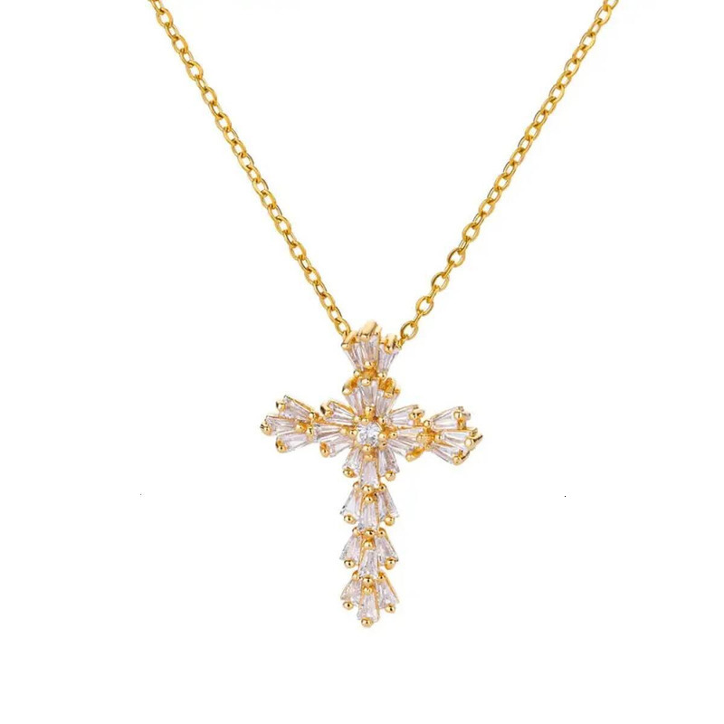 Luxury Zirconia Cross Pendant Necklace Zircon Crystal Jewerly for Women Stainless Steel Chain Charm New Trend Aesthetic collares