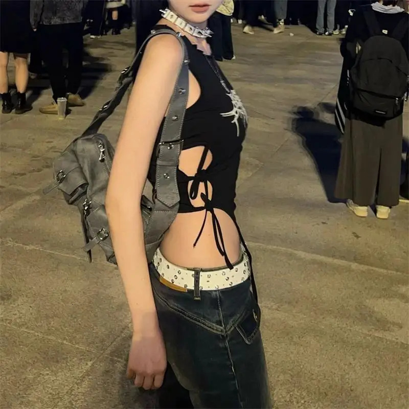 Summer Spider Web Print Tank Tops Aesthetic Hollow Out Bandage Punk Vest Irregular Women Causal Basic Y2k Streetwear Crop Top 260327