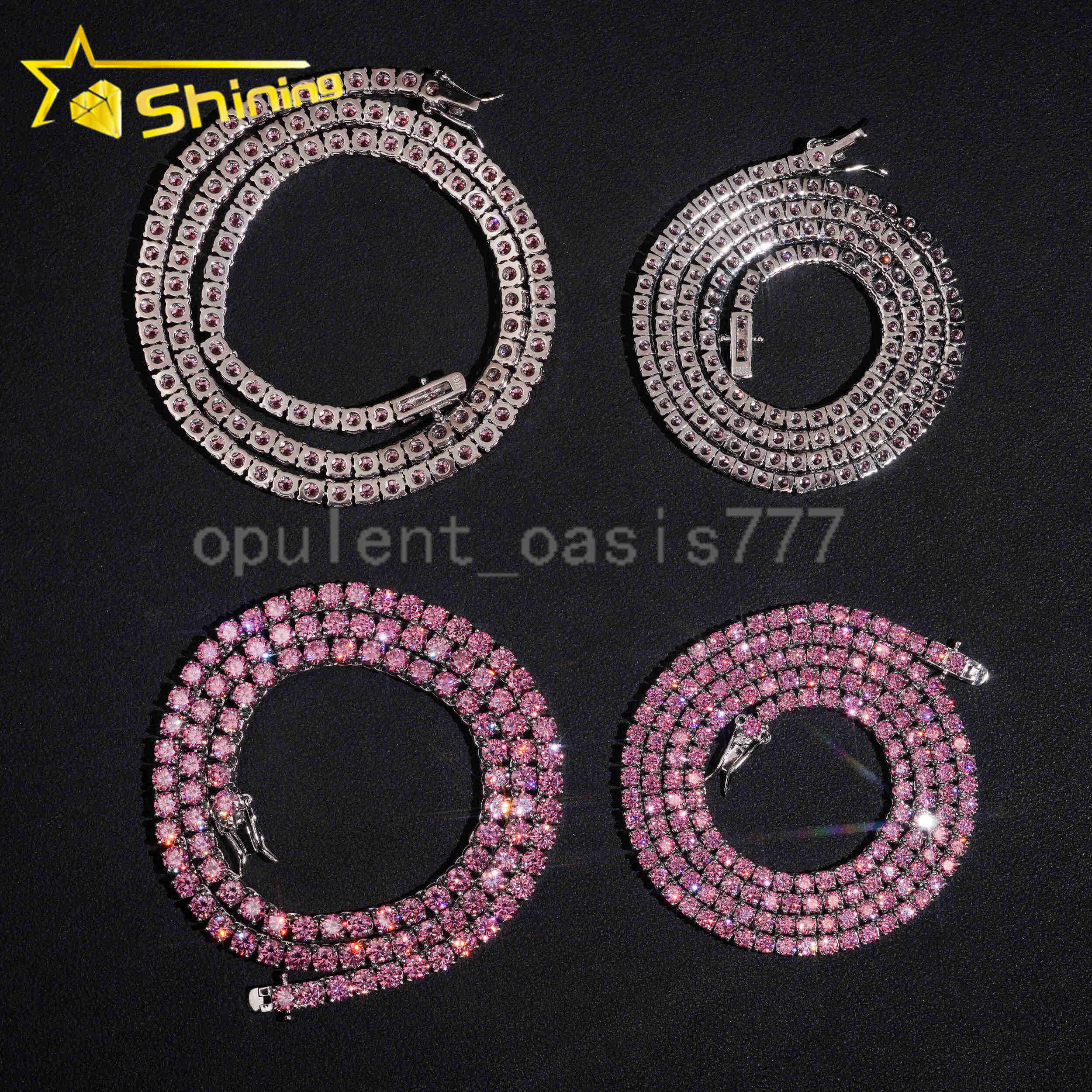 New Arrival 925 Silver 3mm 4mm Pink Color Moissanite Tennis Necklace Hip Hop Iced Out Men Women Choker Tennis Chains