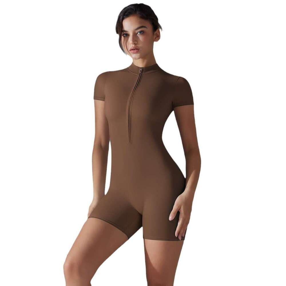 New European And American Summer Zipper Short Sleeve Shorts Yoga For Women Dance Fitness Tight Sports Jumpsuit