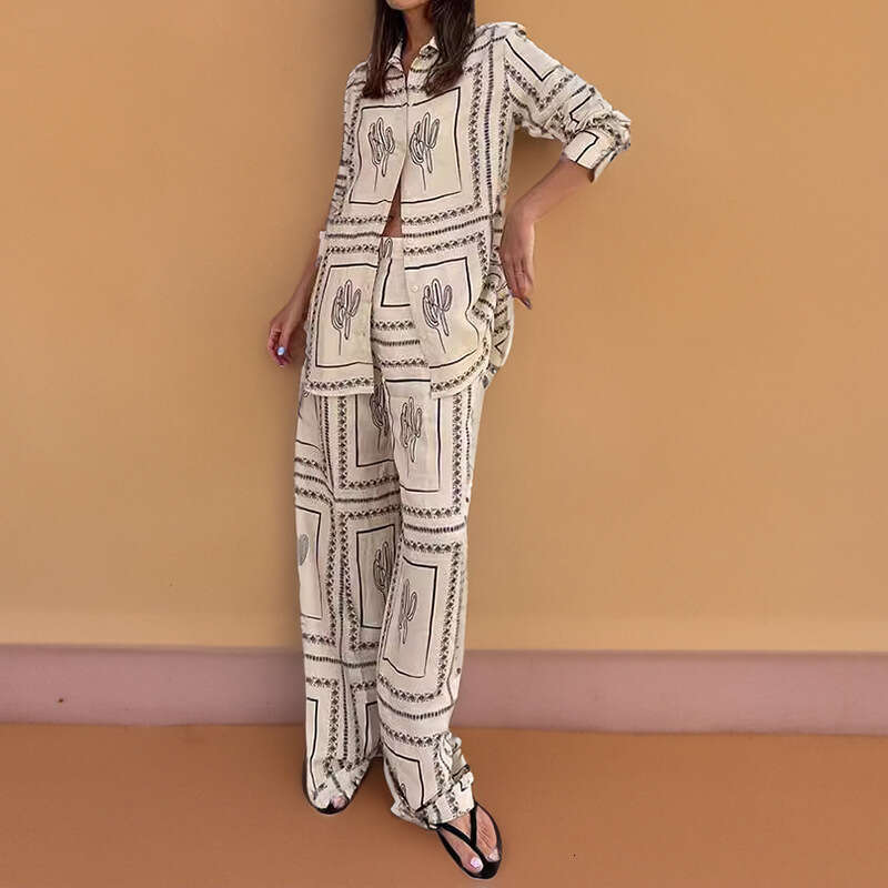 2026 Spring New Collection: Cross-Border European American Foreign Trade Women's Clothing, Casual Commuting Printed Shirt and Pants Fashion Set