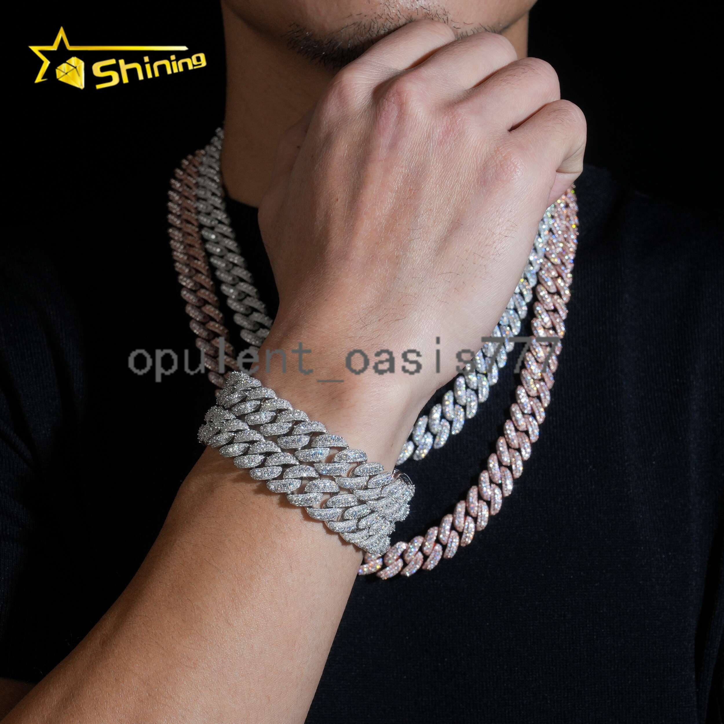 USA New Stock 13mm Iced Out Moissanite Cuban Link Chain Fine Jewelry Men 925 Silver Moissanite Cuban Hip Hop Necklace