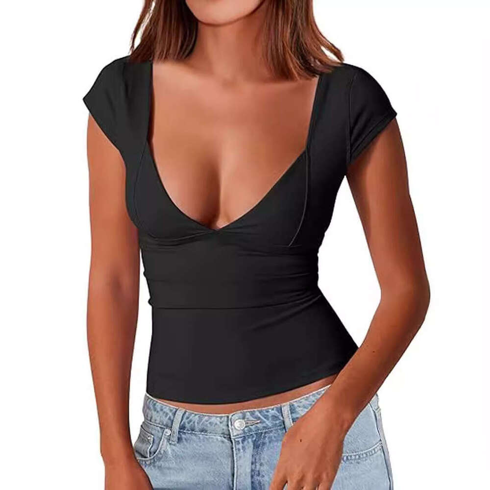 Cross Border Fashion Queen Women S Sexy Deep V Neck Backless Top Short Sleeve Slim Fit T Shirt Basic Style