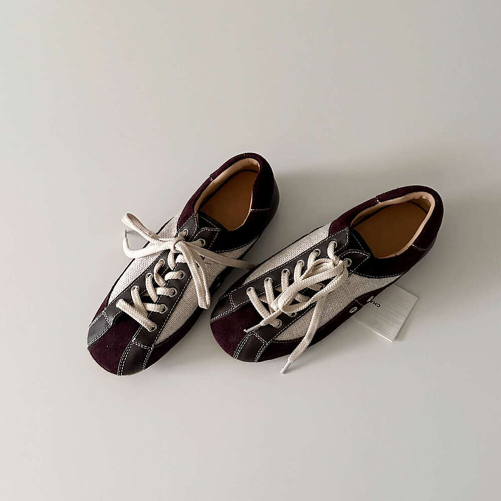 Sheepskin Version Retro Color Block Round Toe Flat Sole German Training Shoes Versatile Lace-up Forrest Gump Women's Sneakers Casual Sports Shoes