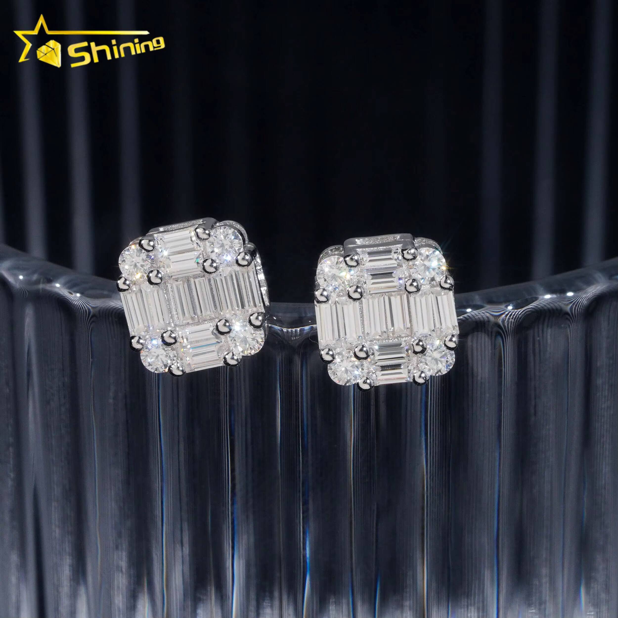 New Arrival Hip Hop Design Baguette Diamond VVS Iced Out Moissanite Stud Earrings for Men