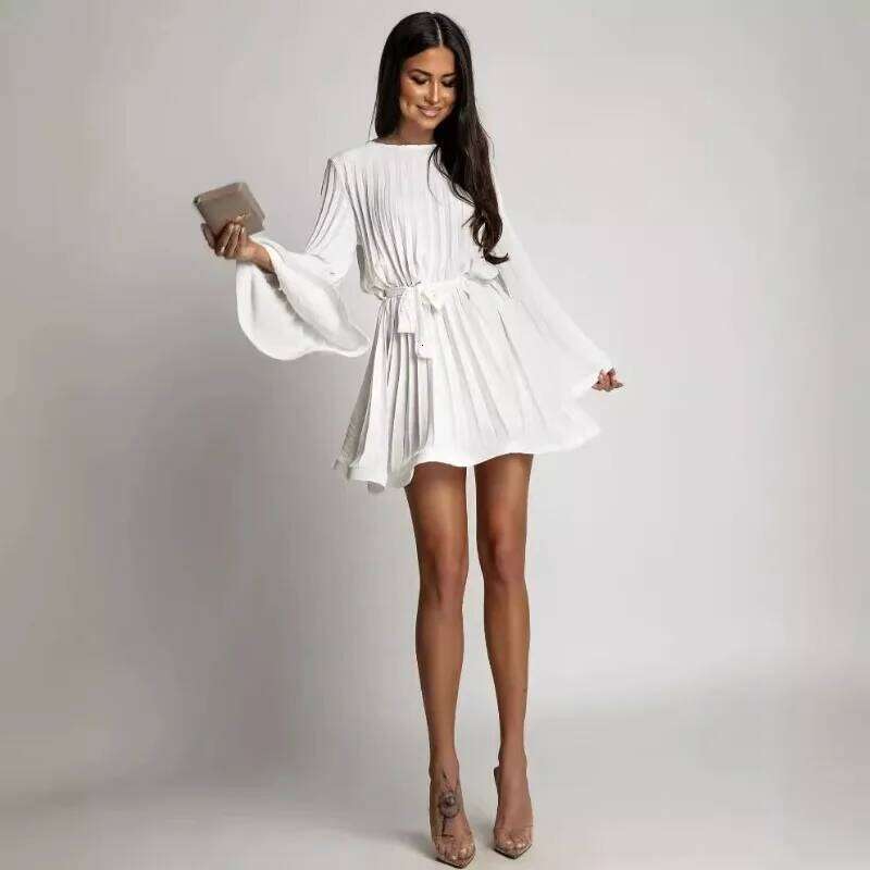 New Spring Summer Elegant Fashion Solid Round Neck Flared Sleeve Lace-Up Pleated Mini Dress Women Asia Size