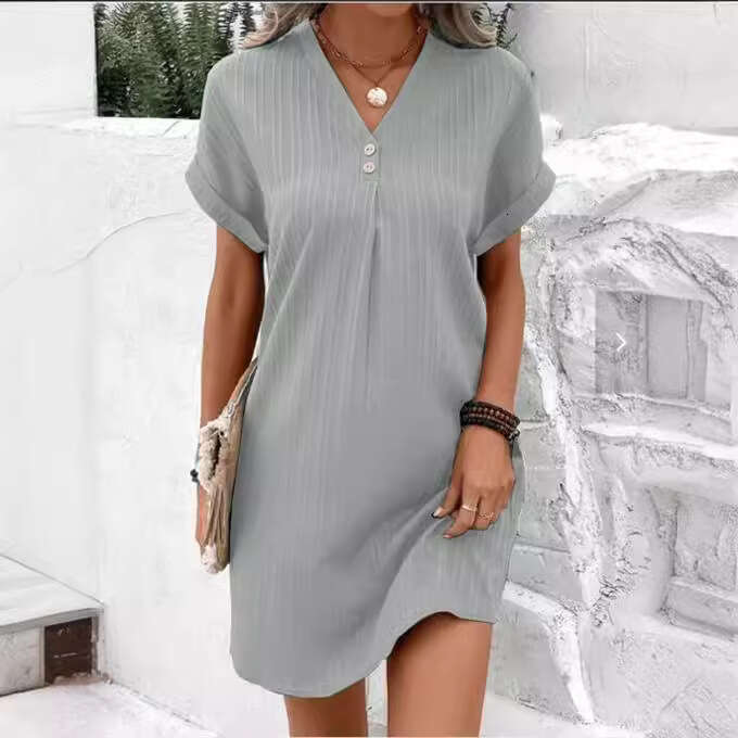 Cross-border European and American women's clothing 2026 new V-neck solid color pullover comfortable casual button dress