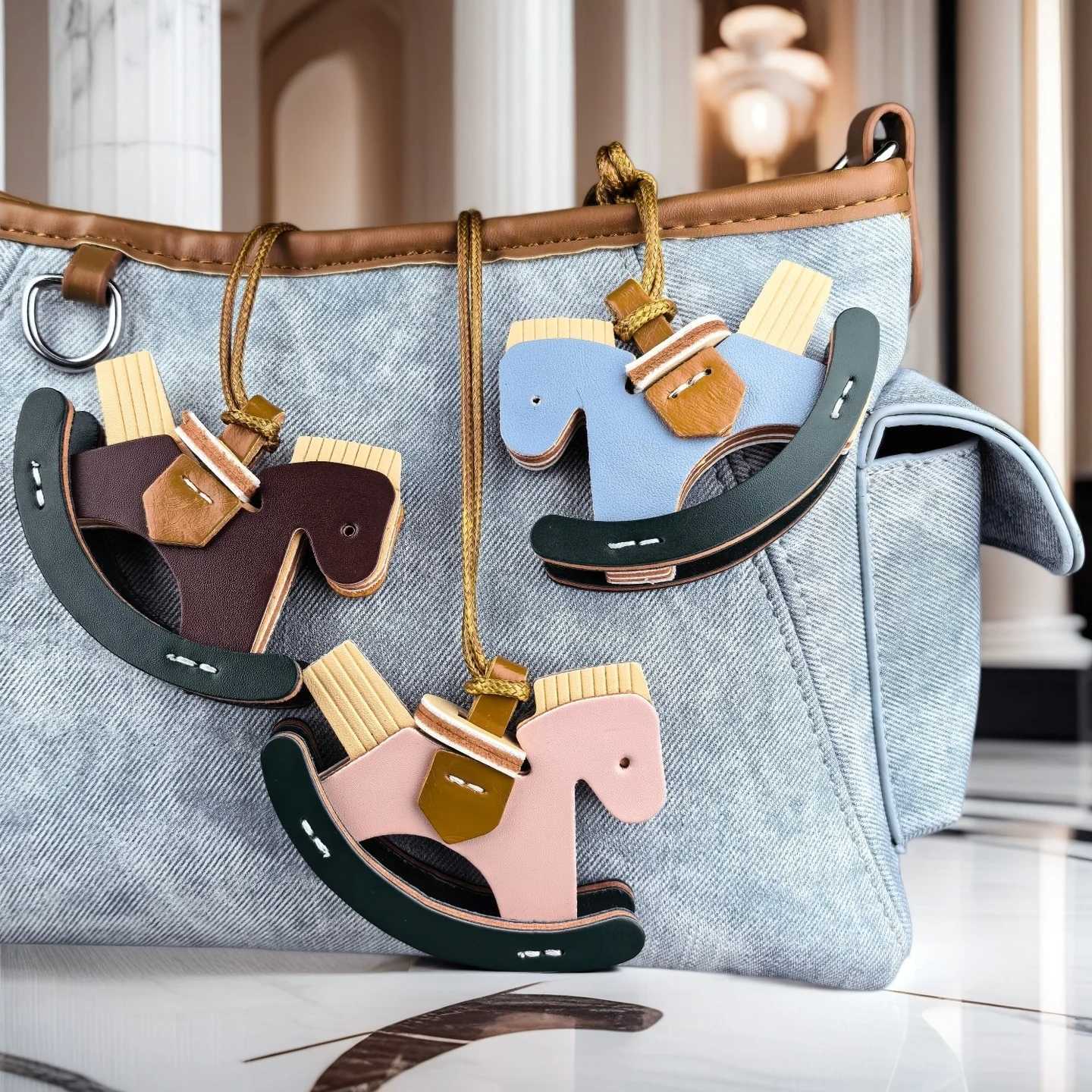 3D Thick Hard PU Leather Rocking Horse Pendant Bag Charm with Long Rope Cute Keychain Decoration Premium Leather Piece Assembled Z260330