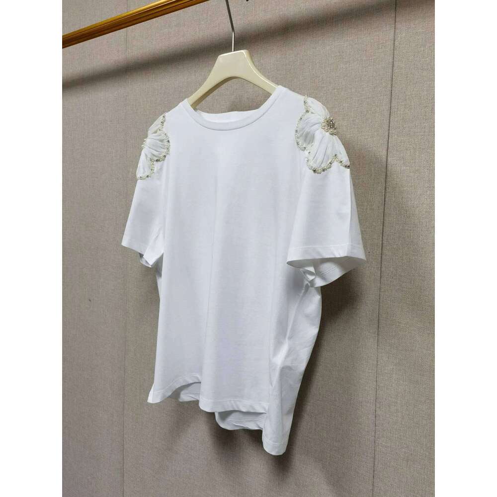 Ladies Bead Water Diamond Yarn Flower Shoulder Decoration T-Shirt 2025 Summer New 100% Cotton Short Sleeve All-Match Tee Mdng260330