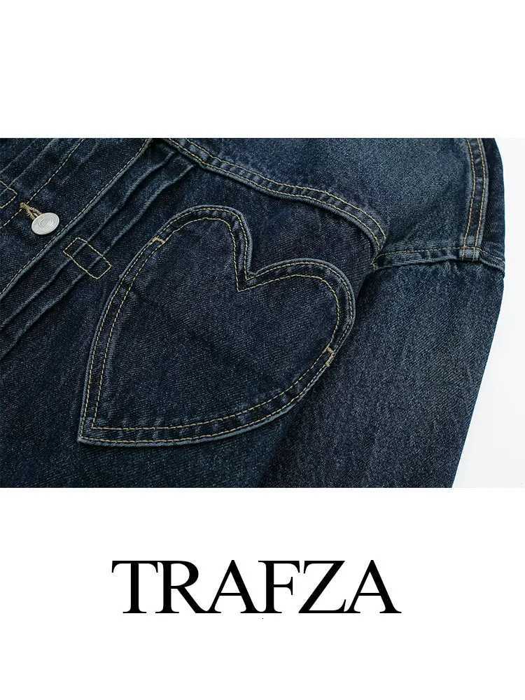 HH Women Dark Blue Denim Coat Heart Pattern Outerwear Long Sleeve Single Breasted Jacket Spring Female Chic Top CoatsT260328