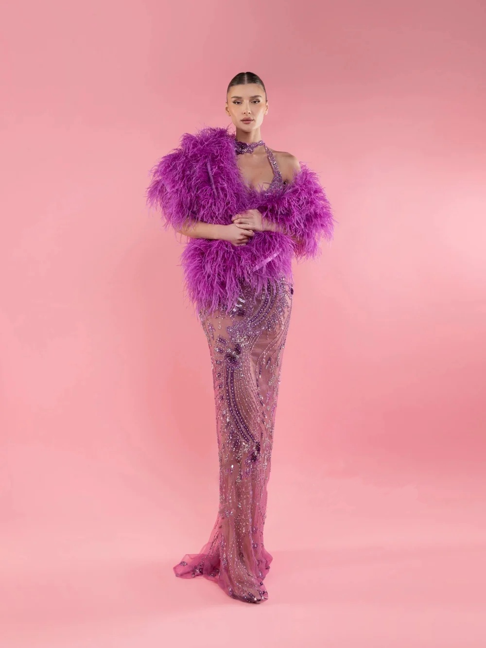 Fashion Sequins Mermaid Evening Dresses Halter Crystal Prom Dress with Feather Shawl Backless Customized Party Gown Vestidos De Noche Plus Size