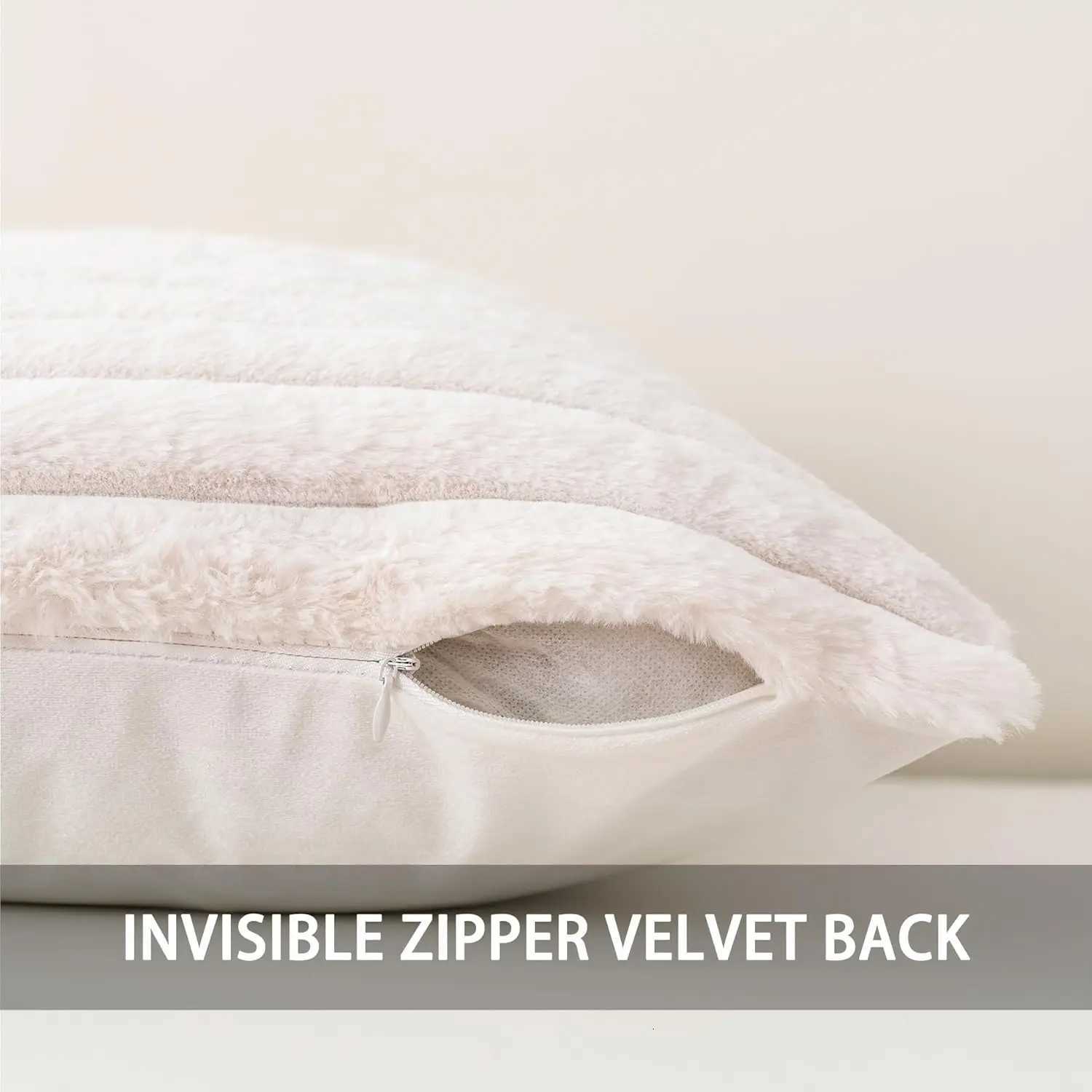2-Pack Faux Fur Christmas Pillow Covers 18x18 Inch Soft Plush Striped Neutral for Sofa Living Room Bed Cream White H260330 - view 3